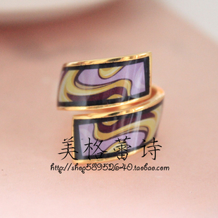 粉红宝石金色螺旋珐琅戒指/指环 最高品质