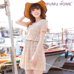 MumuHome木木家.复古清新2013春夏新品修身短袖雪纺连衣裙/百褶裙