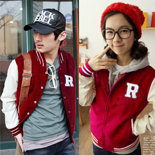 秋冬韩版情侣款贴标加厚拉绒棒球服修身外套红色Baseball Jacket