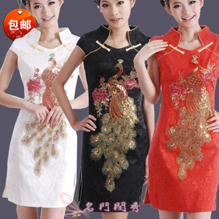 包邮改良时尚凤凰旗袍 结婚礼服新娘装回门敬酒服复古修身旗袍裙