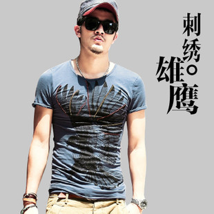 2013夏季新款 老鹰 个性刺绣印花 超修身 潮男短袖T恤T714