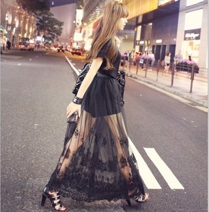 2013春装韩版仙女显瘦半身长裙 透明性感网纱刺绣拖地蕾丝裙子
