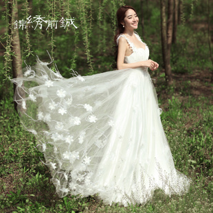 2013新款新娘双肩吊带韩式婚纱礼服 公主绑带齐地婚纱大码礼服