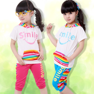 夏季清仓 女童套装2013女童夏装儿童新款韩版短袖 彩虹彩色条套装